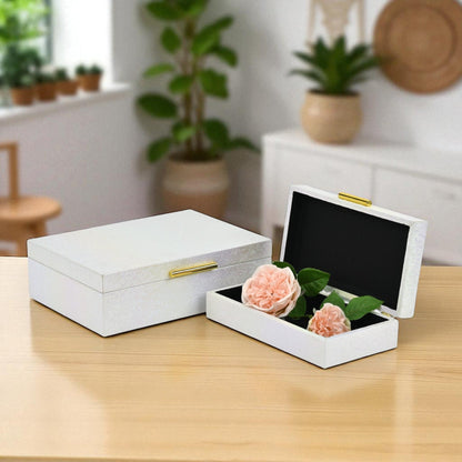 Set of Two White And Gold Faux Shagreen Nesting Storage Boxes With Lids