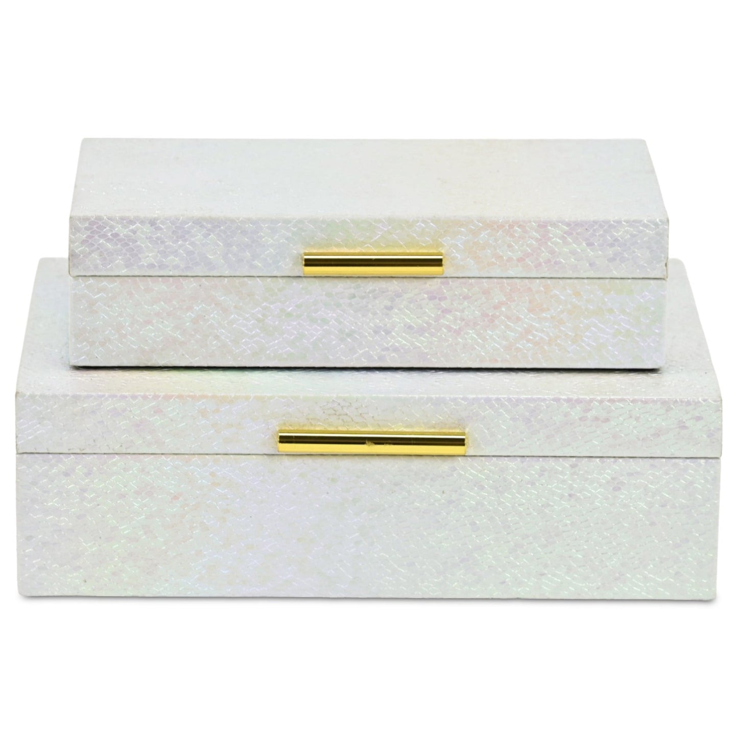 Set of Two White And Gold Faux Shagreen Nesting Storage Boxes With Lids