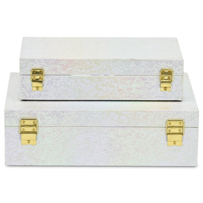 Set of Two White And Gold Faux Shagreen Nesting Storage Boxes With Lids