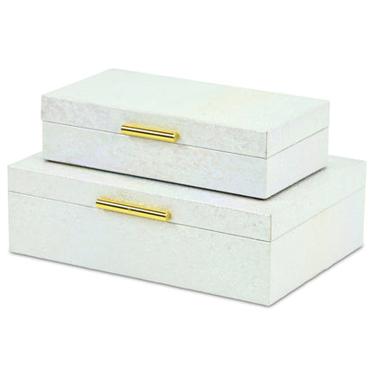Set of Two White And Gold Faux Shagreen Nesting Storage Boxes With Lids