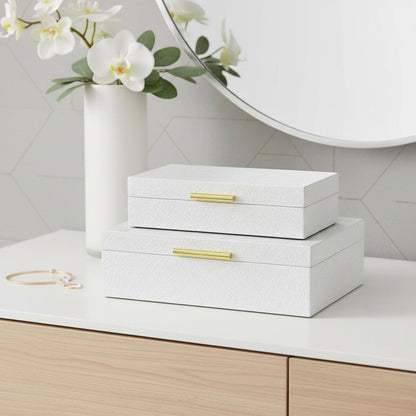 Set of Two White And Gold Faux Shagreen Nesting Storage Boxes With Lids