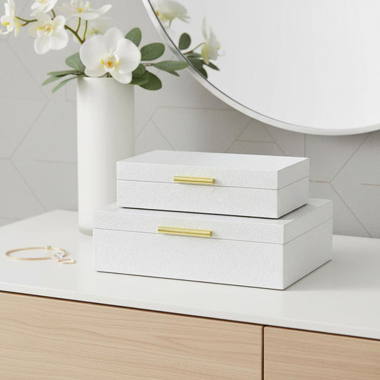 Set of Two White And Gold Faux Shagreen Nesting Storage Boxes With Lids