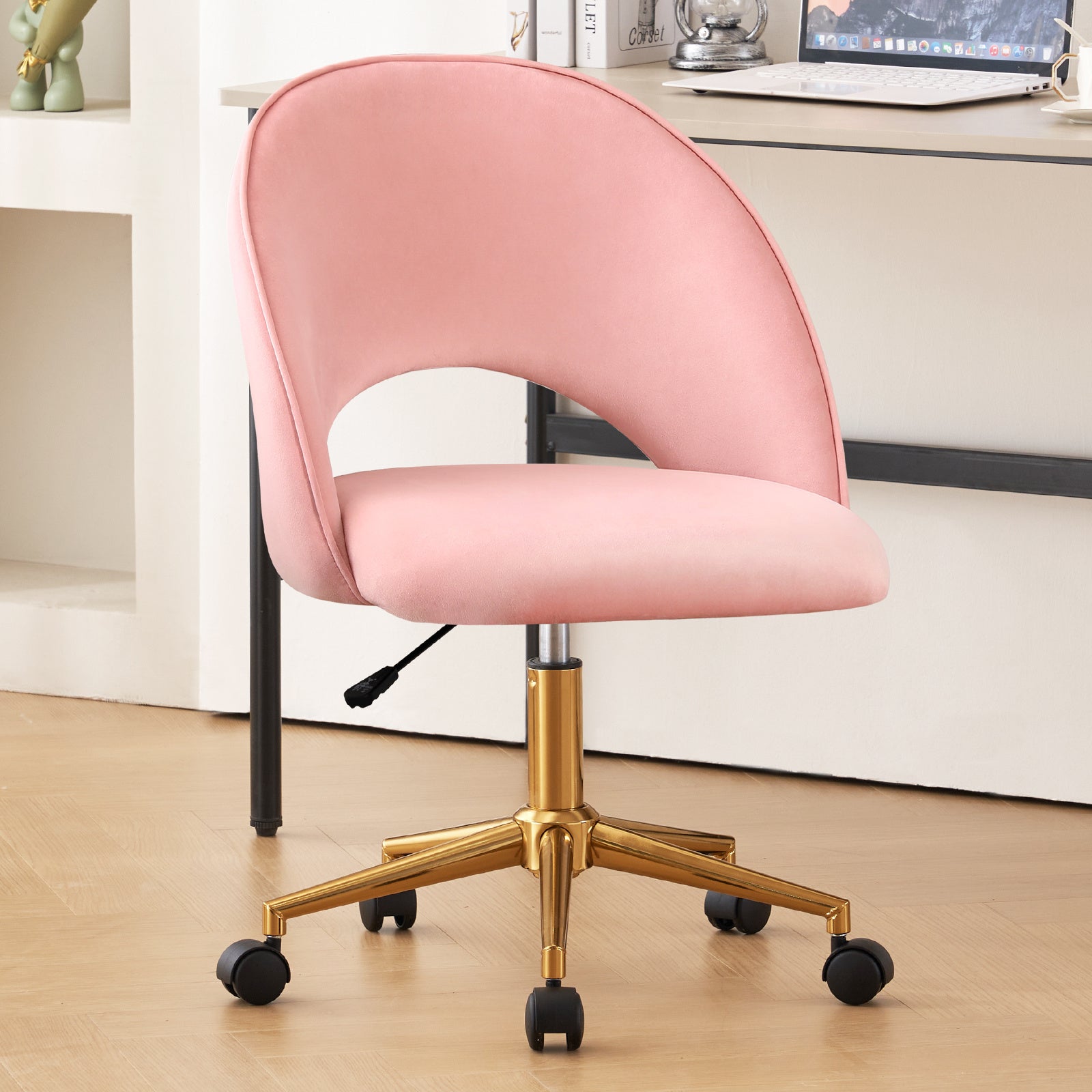 Pink Baby Pink and Gold Adjustable Height Swivel Rolling Office Chair