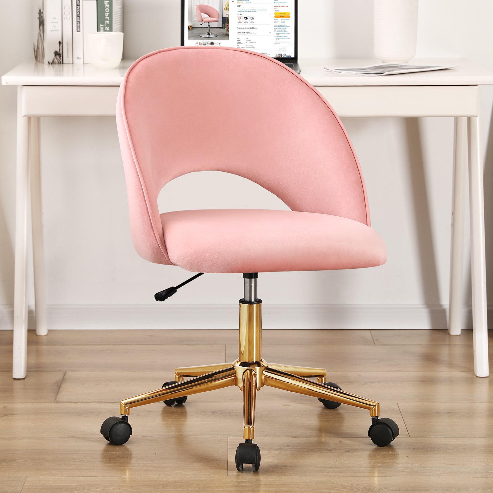 Pink Baby Pink and Gold Adjustable Height Swivel Rolling Office Chair