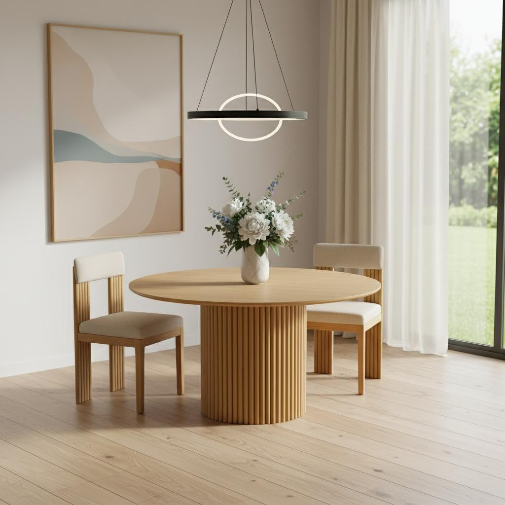 60" Natural Wood Pedestal Base Round Top Dining Table