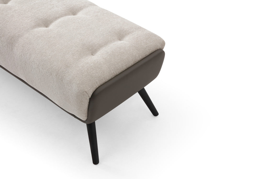 58" Beige and Black Faux Leather and Metal Upholstered Bench