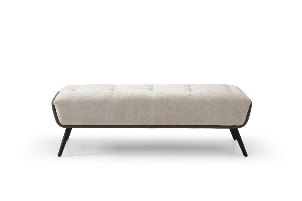 58" Beige and Black Faux Leather and Metal Upholstered Bench