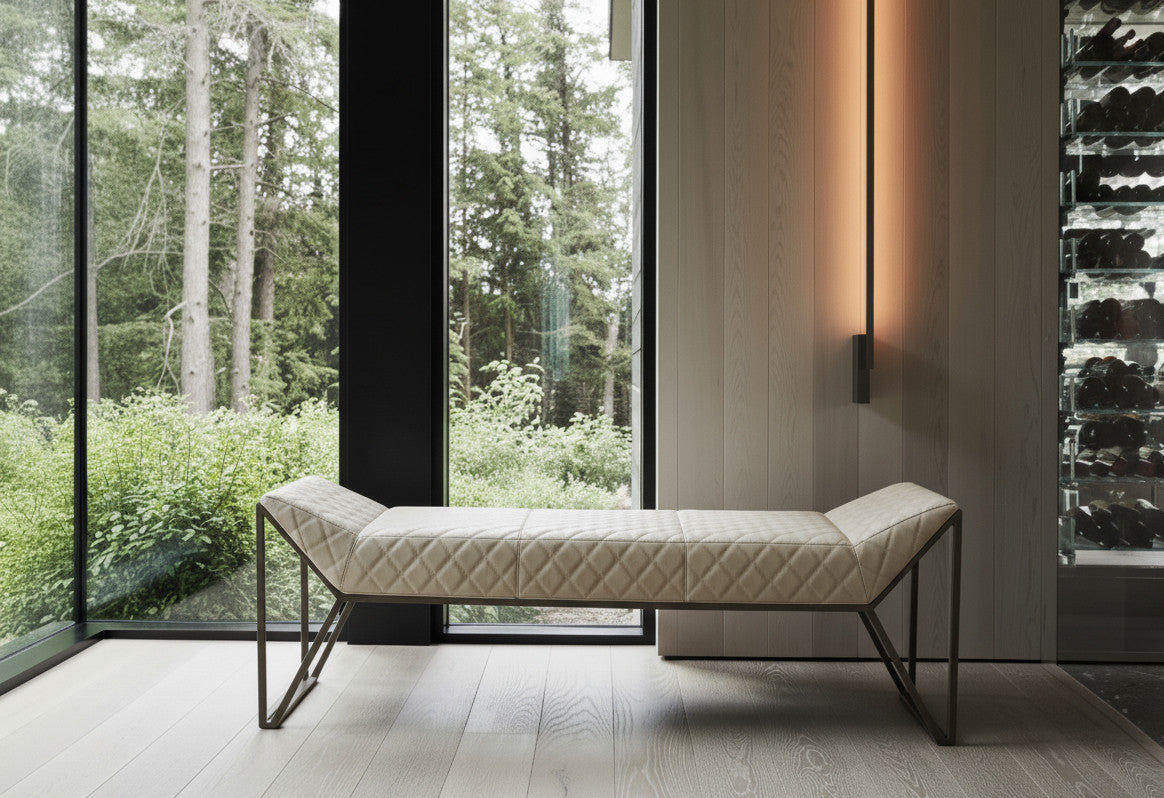 63" Gray Faux Leather and Metal Upholstered Bench