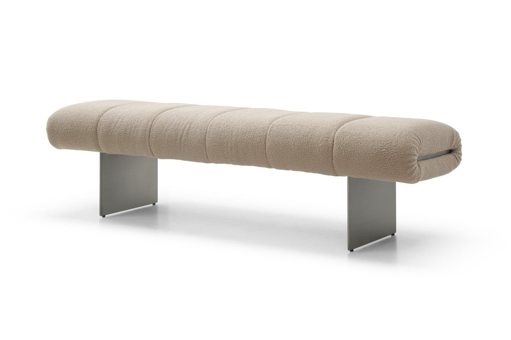 63" Beige and Gray Boucle and Metal Upholstered Bench