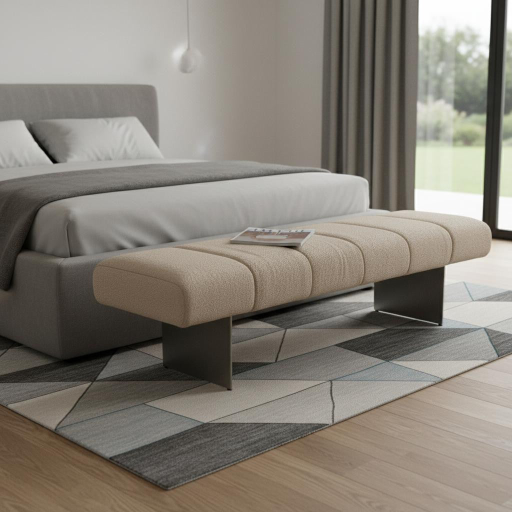 63" Beige and Gray Boucle and Metal Upholstered Bench