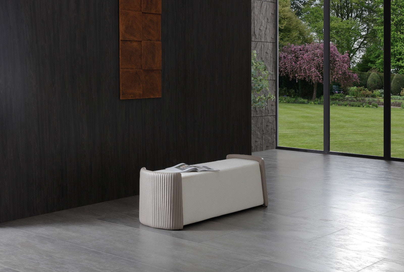 58" Taupe and Brown Boucle and Wood Upholstered Bench