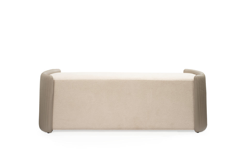 58" Taupe and Brown Boucle and Wood Upholstered Bench