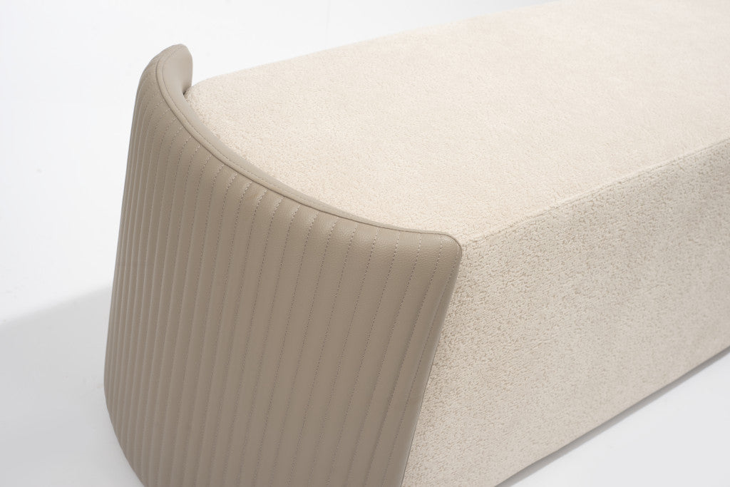 58" Taupe and Brown Boucle and Wood Upholstered Bench