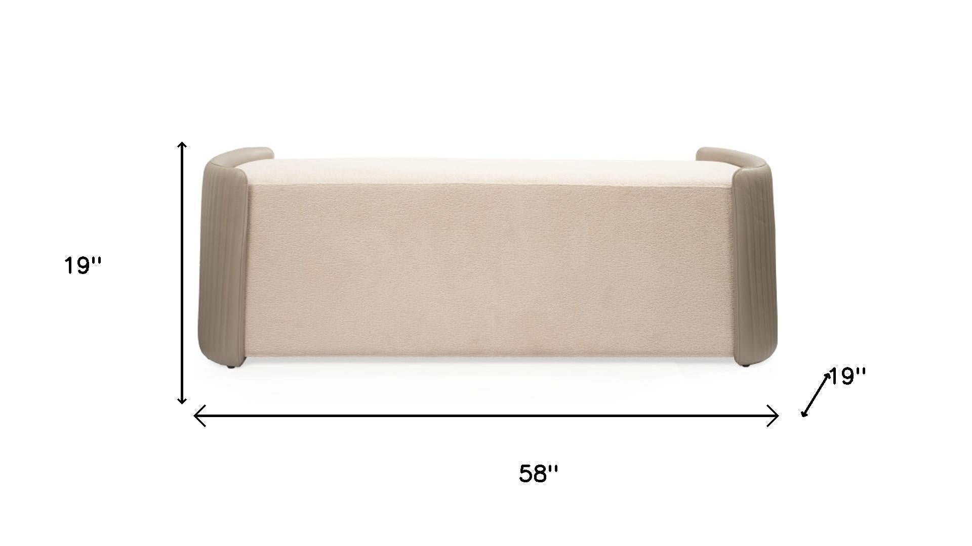 58" Taupe and Brown Boucle and Wood Upholstered Bench