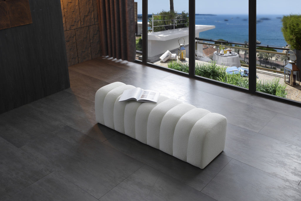 59" White and Brown Boucle and Wood Upholstered Bench