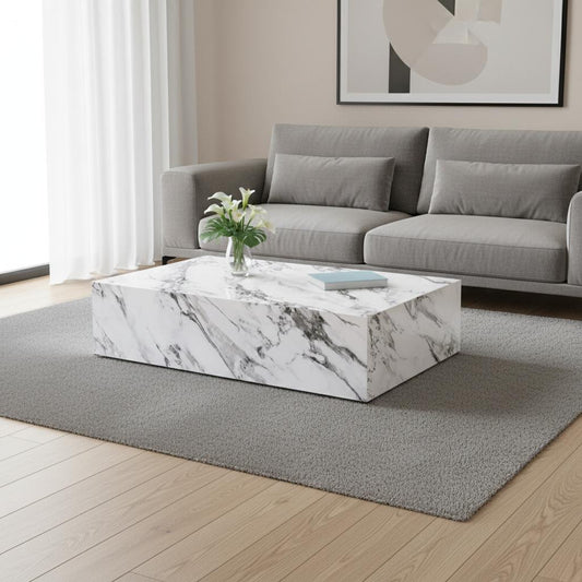 48" White Faux Marble Block Coffee Table