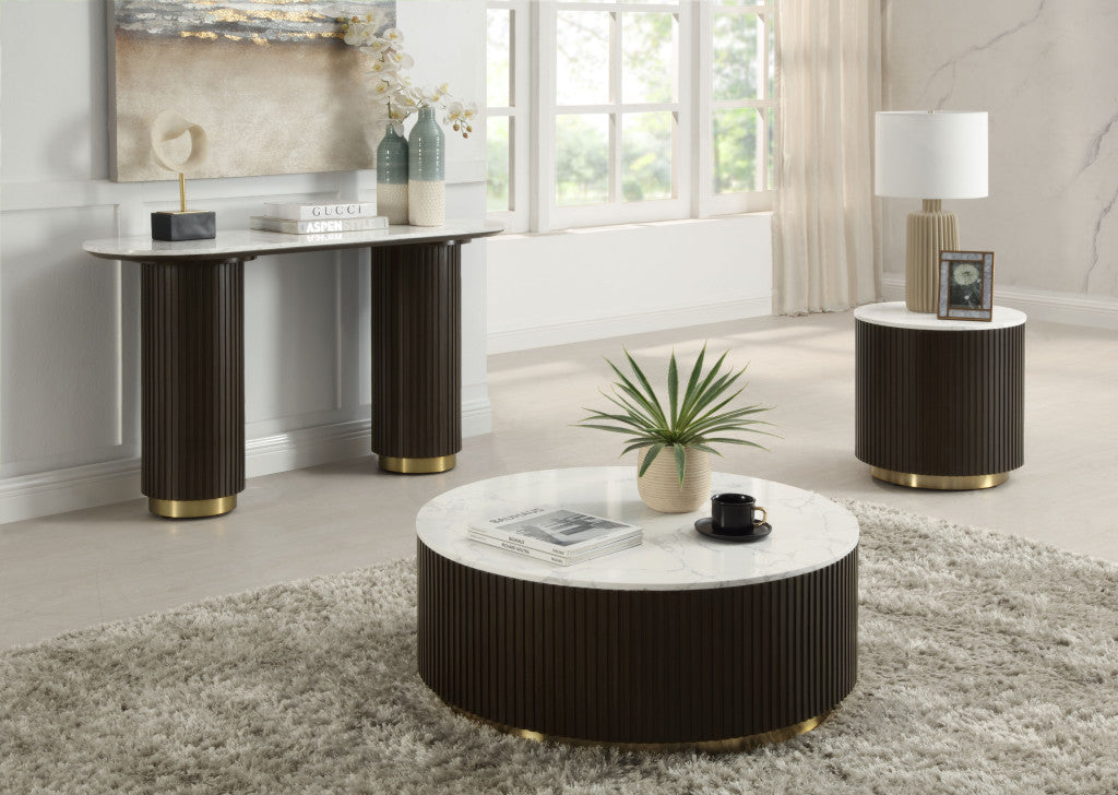 35" White Espresso and Gold Faux Marble Solid Wood and Steel Round Drum Coffee Table