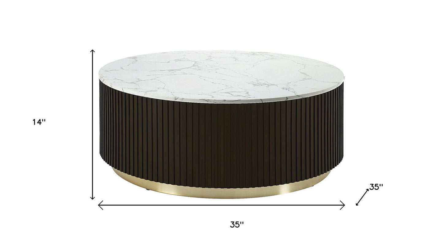 35" White Espresso and Gold Faux Marble Solid Wood and Steel Round Drum Coffee Table