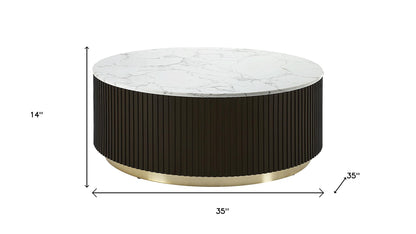 35" White Espresso and Gold Faux Marble Solid Wood and Steel Round Drum Coffee Table