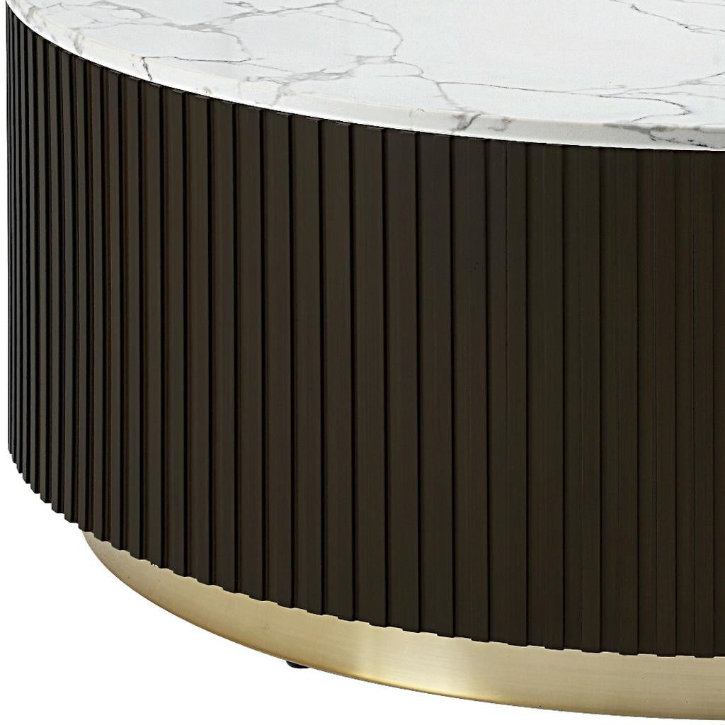 35" White Espresso and Gold Faux Marble Solid Wood and Steel Round Drum Coffee Table