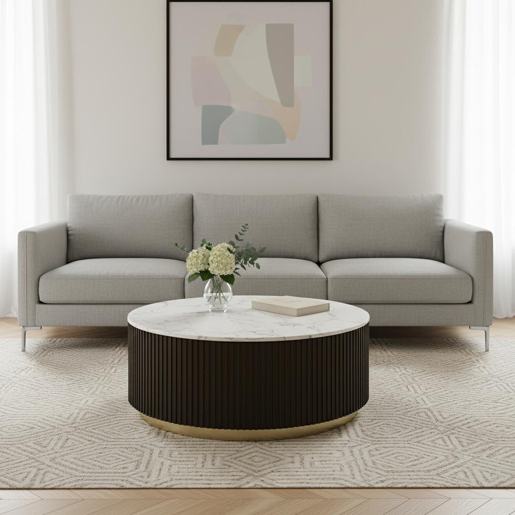 35" White Espresso and Gold Faux Marble Solid Wood and Steel Round Drum Coffee Table