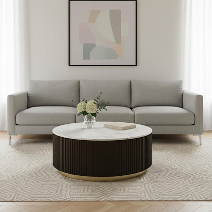 35" White Espresso and Gold Faux Marble Solid Wood and Steel Round Drum Coffee Table