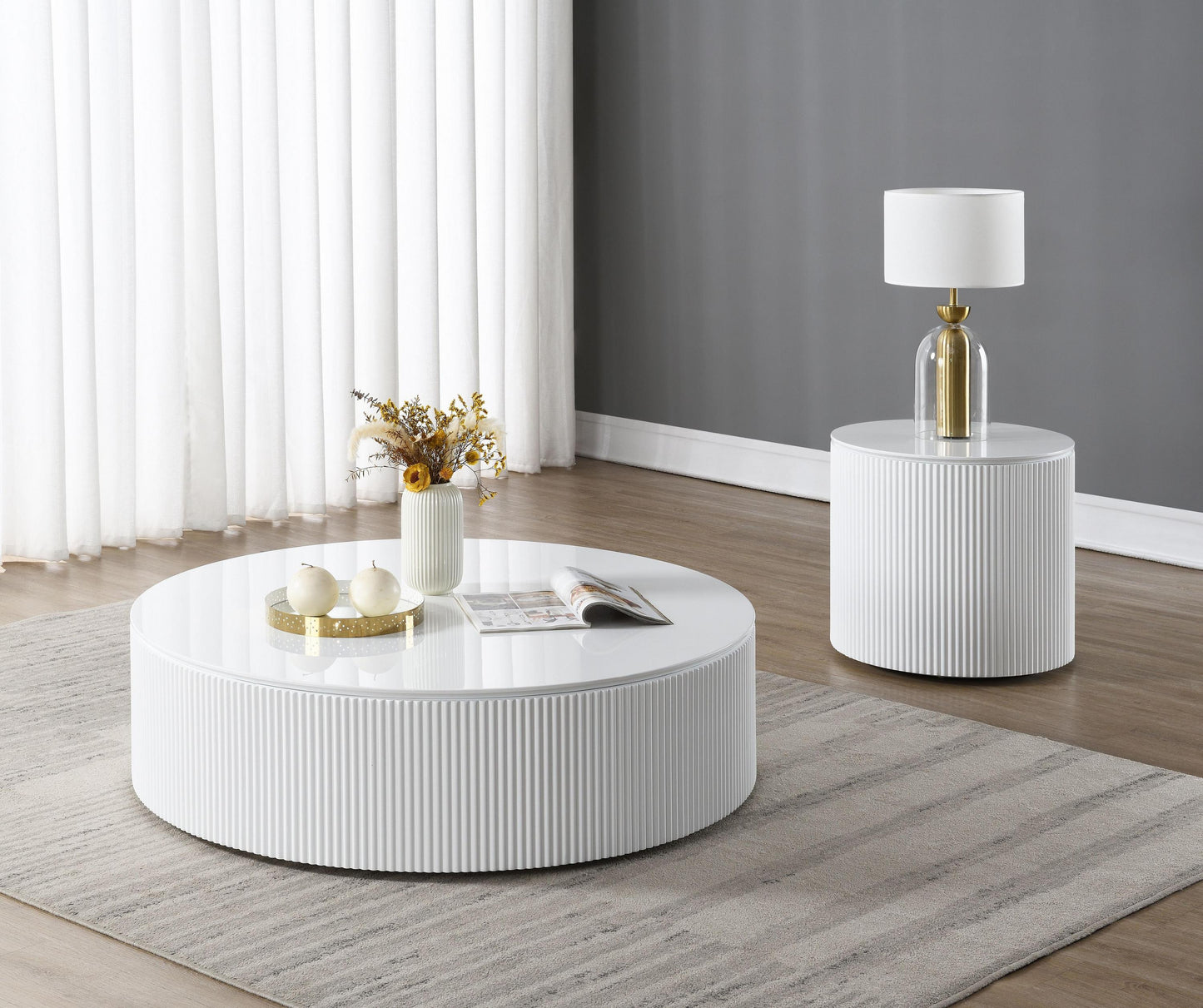 47" White Wood Round Drum Coffee Table