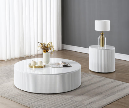 47" White Wood Round Drum Coffee Table