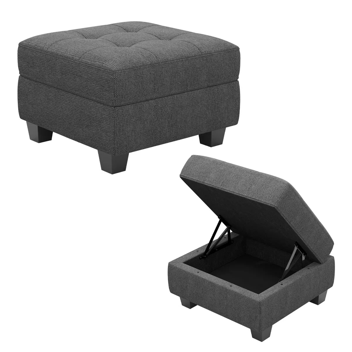 26" Gray and Black Solid Wood and Linen Tufted Storage Ottoman