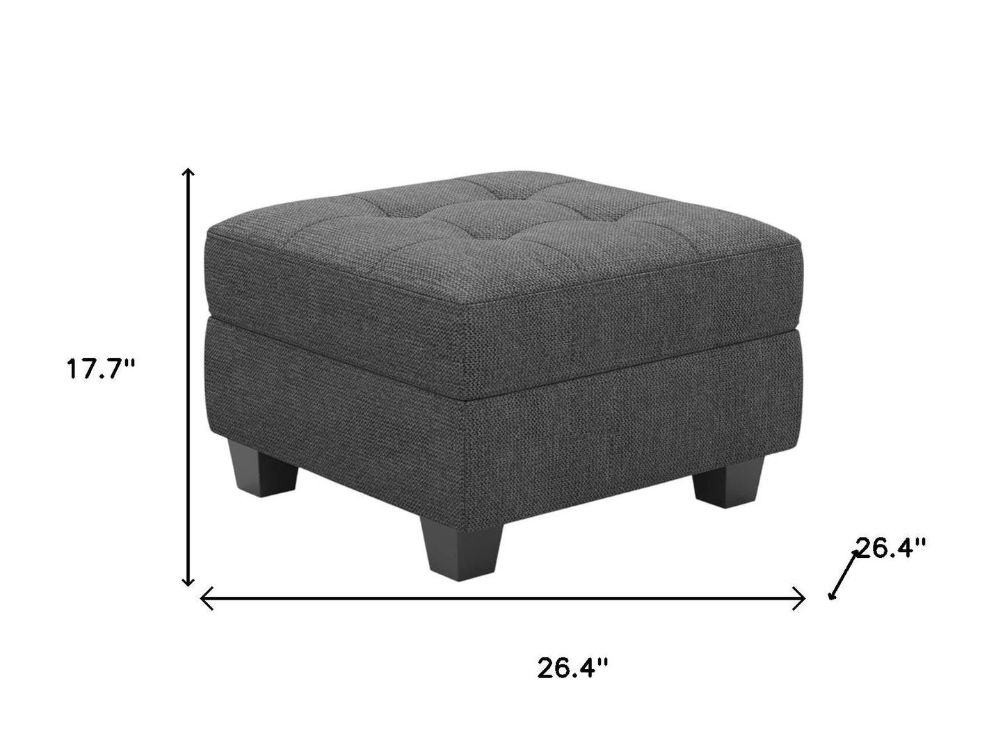 26" Gray and Black Solid Wood and Linen Tufted Storage Ottoman