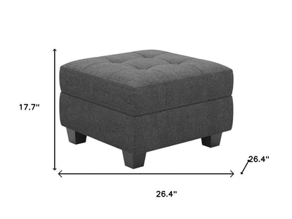 26" Gray and Black Solid Wood and Linen Tufted Storage Ottoman