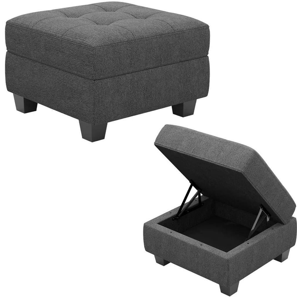 26" Gray and Black Solid Wood and Linen Tufted Storage Ottoman