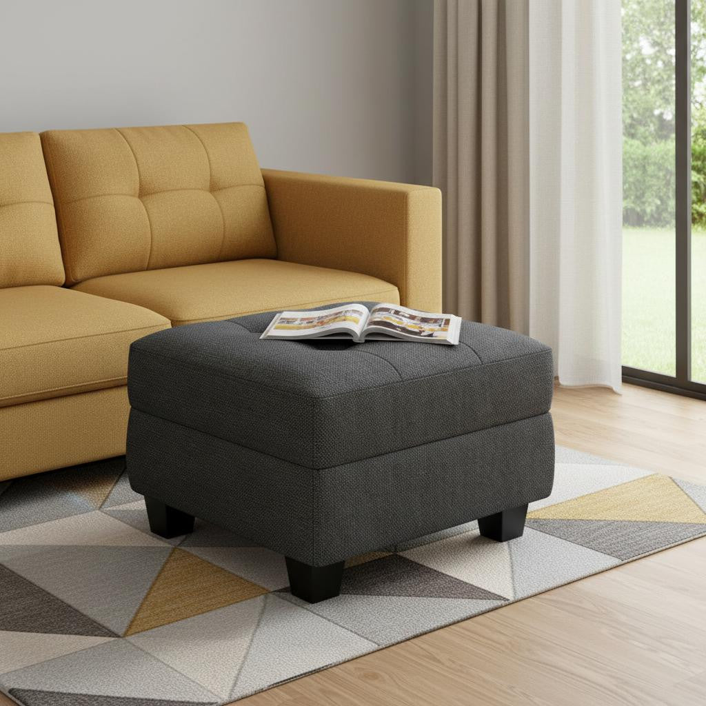 26" Gray and Black Solid Wood and Linen Tufted Storage Ottoman
