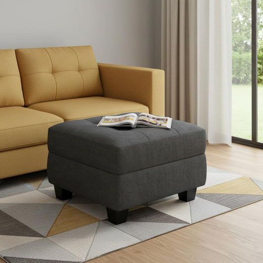 26" Gray and Black Solid Wood and Linen Tufted Storage Ottoman