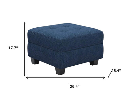 26" Blue and Black Solid Wood and Linen Tufted Storage Ottoman