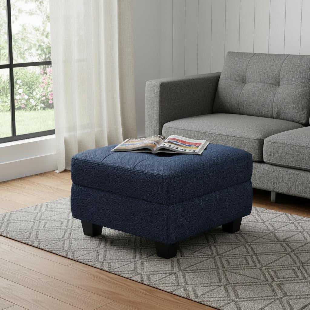 26" Blue and Black Solid Wood and Linen Tufted Storage Ottoman