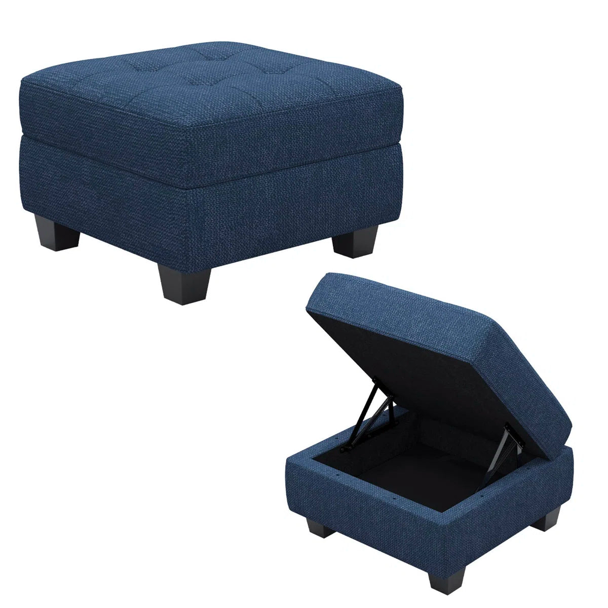 26" Blue and Black Solid Wood and Linen Tufted Storage Ottoman