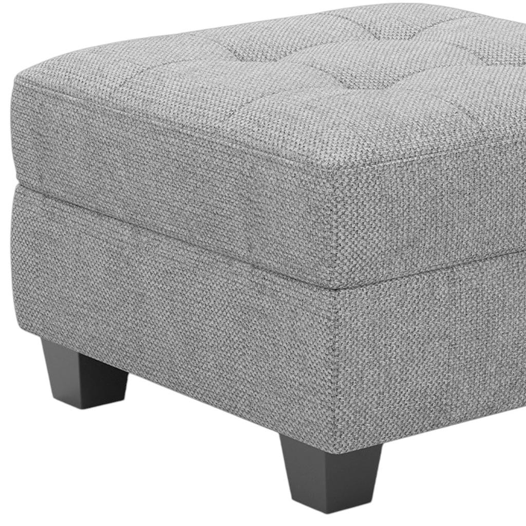 26" Light Gray and Black Solid Wood and Linen Tufted Storage Ottoman