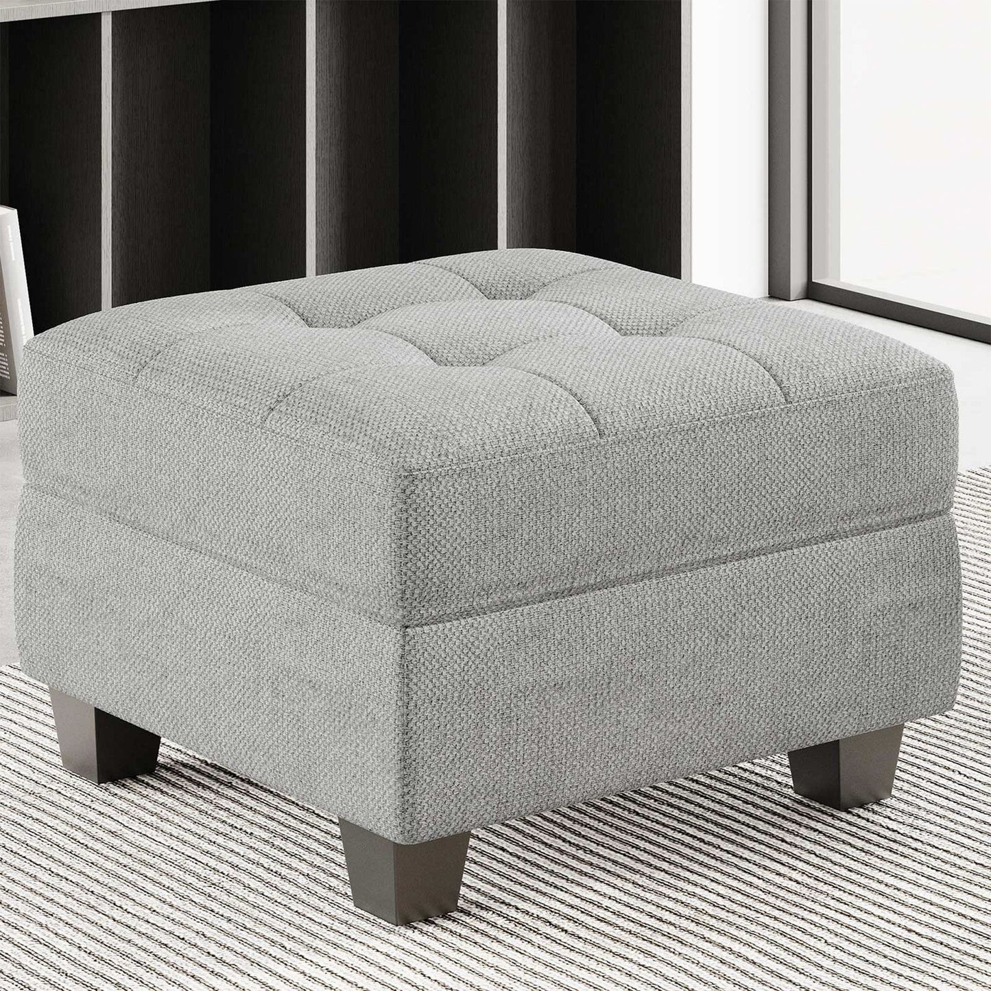 26" Light Gray and Black Solid Wood and Linen Tufted Storage Ottoman