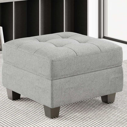 26" Light Gray and Black Solid Wood and Linen Tufted Storage Ottoman