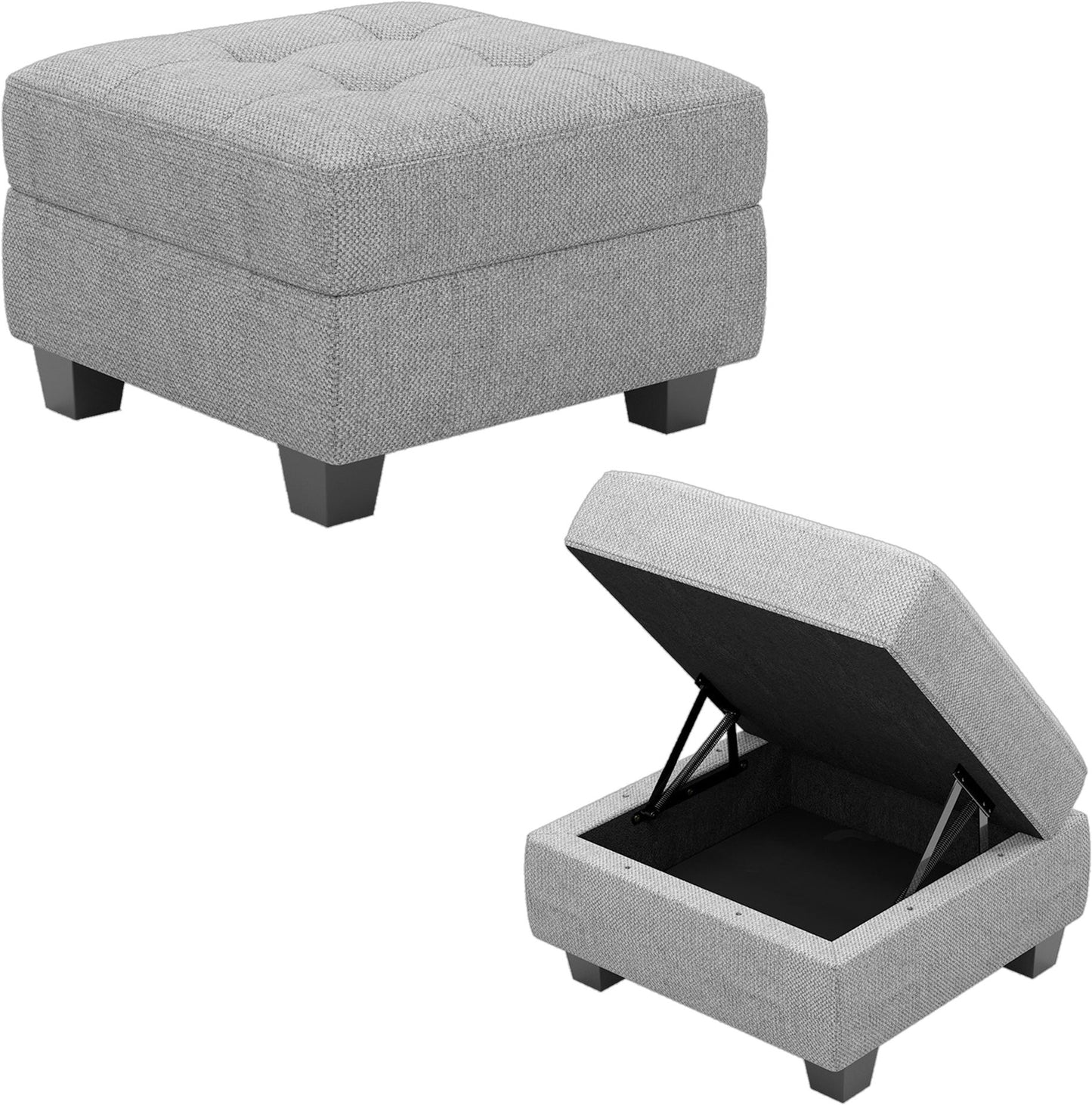 26" Light Gray and Black Solid Wood and Linen Tufted Storage Ottoman