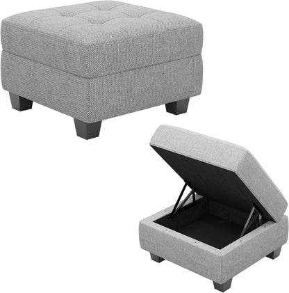 26" Light Gray and Black Solid Wood and Linen Tufted Storage Ottoman