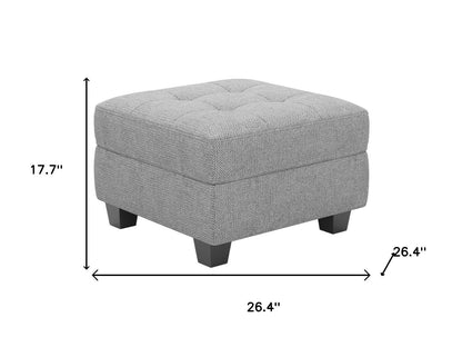 26" Light Gray and Black Solid Wood and Linen Tufted Storage Ottoman