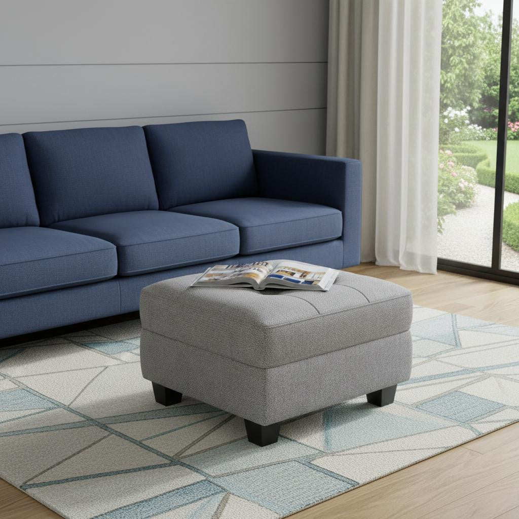 26" Light Gray and Black Solid Wood and Linen Tufted Storage Ottoman