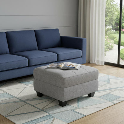 26" Light Gray and Black Solid Wood and Linen Tufted Storage Ottoman