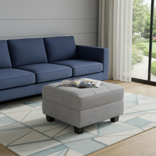 26" Light Gray and Black Solid Wood and Linen Tufted Storage Ottoman