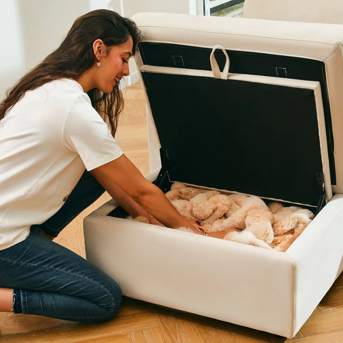 30" Beige and Black Velvet Storage Ottoman