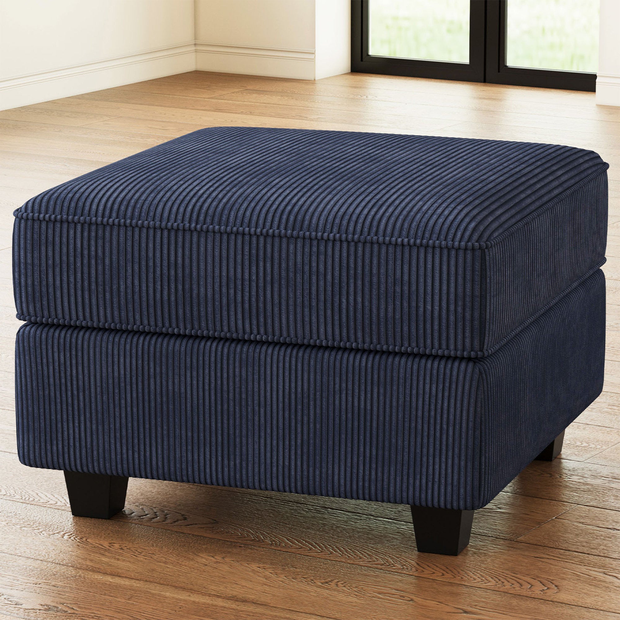 26" Blue and Black Corduroy Storage Ottoman