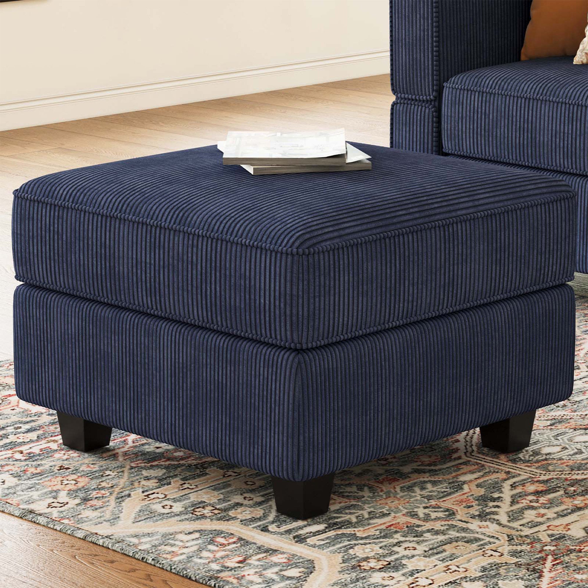 26" Blue and Black Corduroy Storage Ottoman