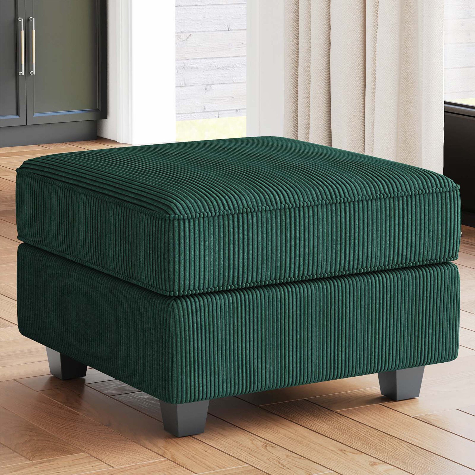 26" Green and Black Corduroy Storage Ottoman